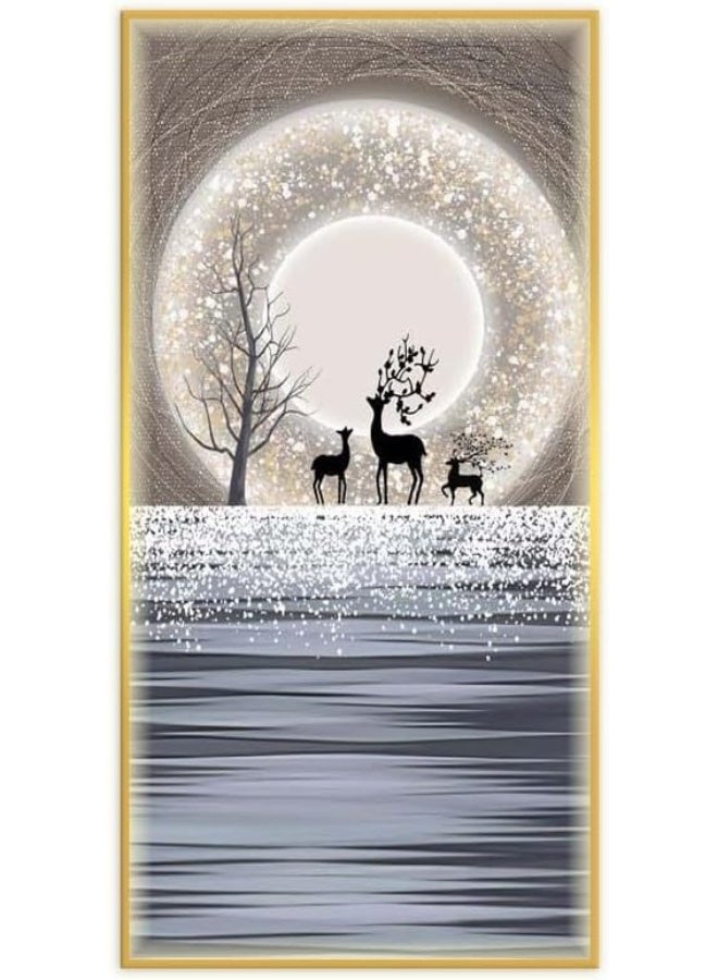 Bliss Vie BLISS VIE Abstract Modern Retro Trend Decor Luxury Style Crystal Porcelain Wall Painting Wall Art for Bedroom Living Room Aluminium Alloy Frame (Sea Deer Moon, 40x80 cm)  - Image 1