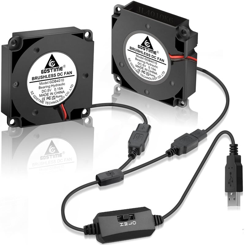 GDSTIME 40mm USB Blower Fan 5V with 3 Speed Control, Micro 5 Volt DC Brushless Fans 4010 Hydraulic Bearing 40x40x10mm for DIY Cooling (Pack of 2Pcs) - Image 1