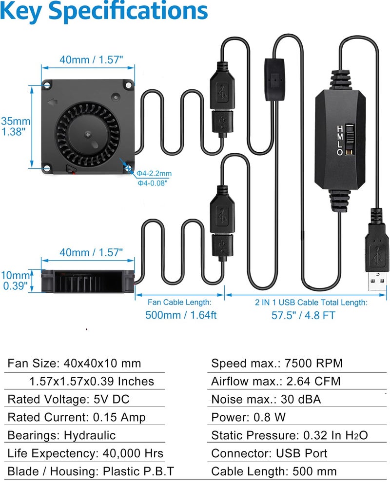 GDSTIME 40mm USB Blower Fan 5V with 3 Speed Control, Micro 5 Volt DC Brushless Fans 4010 Hydraulic Bearing 40x40x10mm for DIY Cooling (Pack of 2Pcs) - Image 5