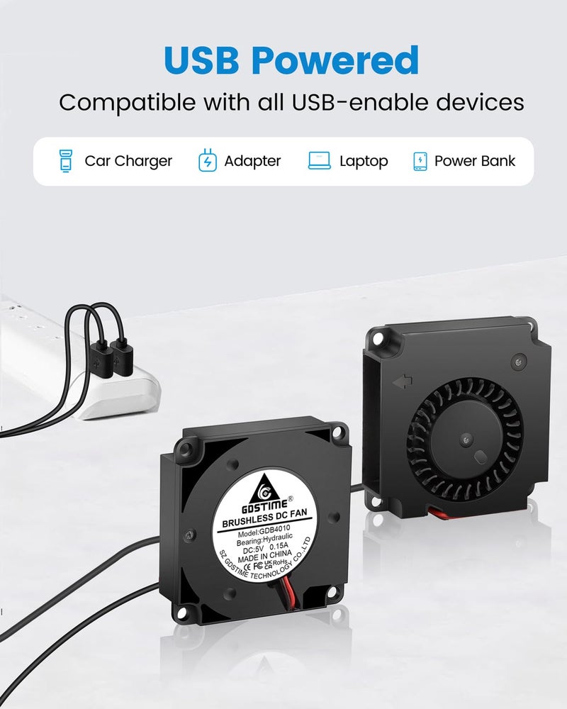 GDSTIME 40mm USB Blower Fan 5V with 3 Speed Control, Micro 5 Volt DC Brushless Fans 4010 Hydraulic Bearing 40x40x10mm for DIY Cooling (Pack of 2Pcs) - Image 2