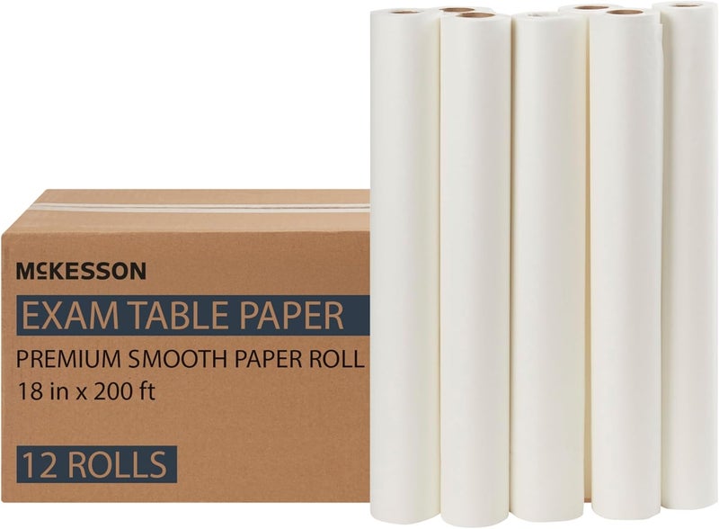 McKesson Medical Exam Table Paper [12 Rolls] – Bed Table Sheet Cover for Diaper Changing, Waxing, Nursing, Chiropractor, Patternmaking, Tracing - Standard Smooth Paper Roll - White, 18 in x 200 ft - Image 1