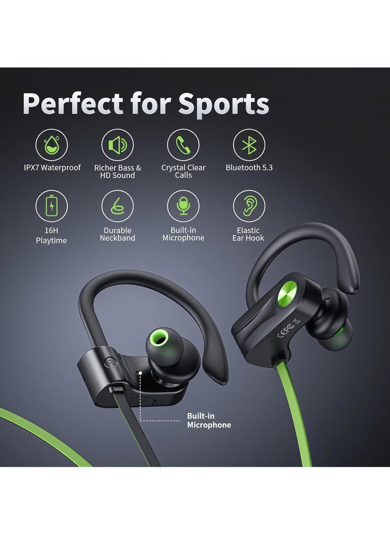 lekikpo Wireless Bluetooth 5.3 Wireless Headphones with 16Hrs Long Battery, Stereo IPX7 Waterproof in-Ear Earphones, Noise Cancelling Headphones for Running, Green  - Image 2