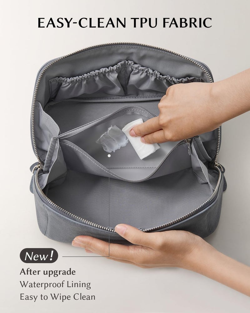 EACHY Leather Makeup Bag, Portable 180Â° Wide-Open Flat Cosmetic Bag for Women, Large Capacity Make Up Organizer Makeup Pouch with Divider and Handle - Image 3