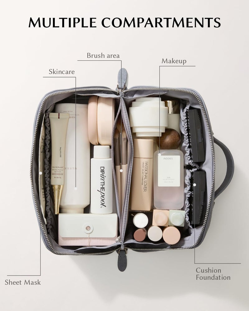 EACHY Leather Makeup Bag, Portable 180Â° Wide-Open Flat Cosmetic Bag for Women, Large Capacity Make Up Organizer Makeup Pouch with Divider and Handle - Image 2