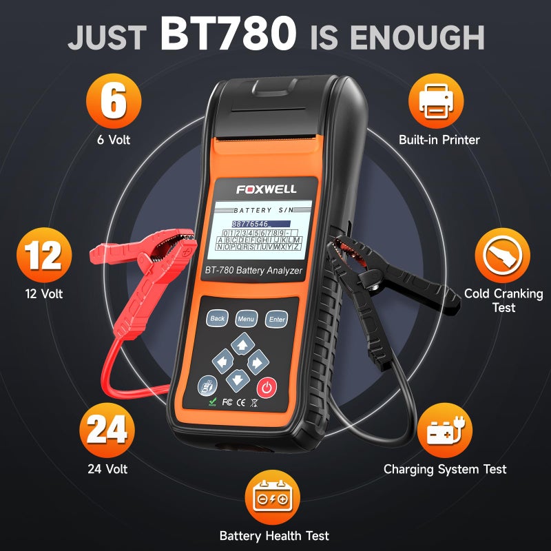 Foxwell (Upgraded Bt705) Foxwell Bt780 Car Battery Tester 6V 12V 24V - Automotive Battery Load Tester With Printer - 100-2000Cca Digital Battery Analyzer For Car Heavy Duty Truck Marine Suv Boat Rv And More - Image 2