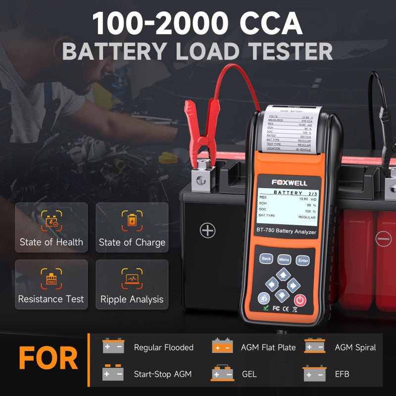 Foxwell (Upgraded Bt705) Foxwell Bt780 Car Battery Tester 6V 12V 24V - Automotive Battery Load Tester With Printer - 100-2000Cca Digital Battery Analyzer For Car Heavy Duty Truck Marine Suv Boat Rv And More - Image 3