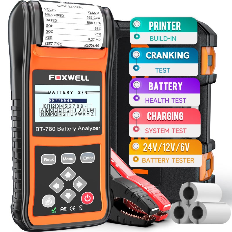 Foxwell (Upgraded Bt705) Foxwell Bt780 Car Battery Tester 6V 12V 24V - Automotive Battery Load Tester With Printer - 100-2000Cca Digital Battery Analyzer For Car Heavy Duty Truck Marine Suv Boat Rv And More - Image 1