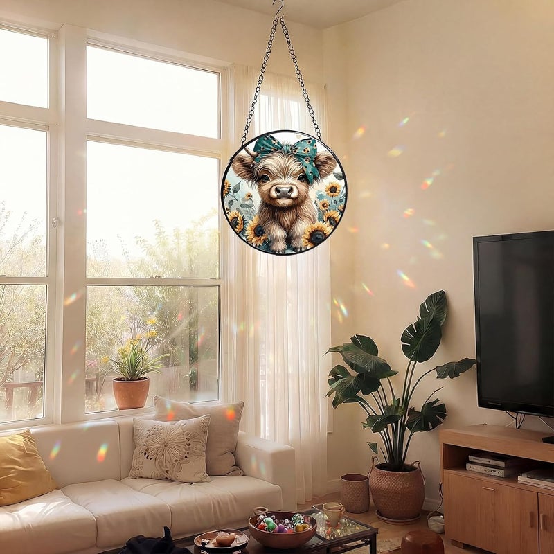 Mifoci 6.3 Inch Stained Glass Window Hanging Highland Cow Suncatchers Indoor Window Gifts for Highland Cow Lovers Room Office Decor Aesthetic - Image 5