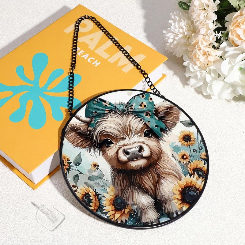 Mifoci 6.3 Inch Stained Glass Window Hanging Highland Cow Suncatchers Indoor Window Gifts for Highland Cow Lovers Room Office Decor Aesthetic - Image 4