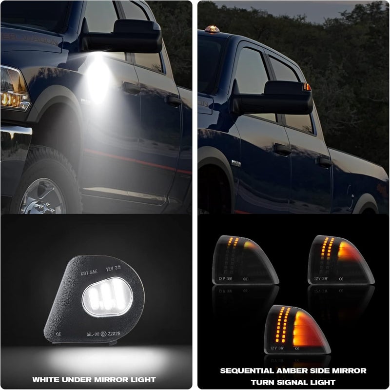 Gempro LED Side Mirror Turn Signals Puddle Lights Kits Assembly for 2010-2018 Dodge Ram 1500 2500 3500 4500 5500 Towing Mirror Lamps 4PCS - Image 3