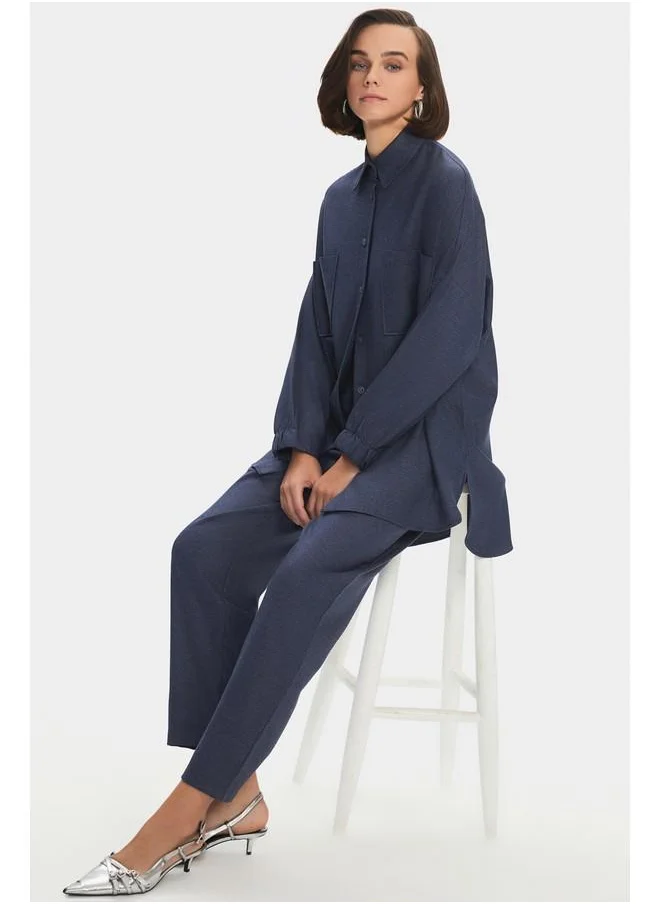 JUNE June Women Viscose Blend Shirt Trouser Set Navy Blue