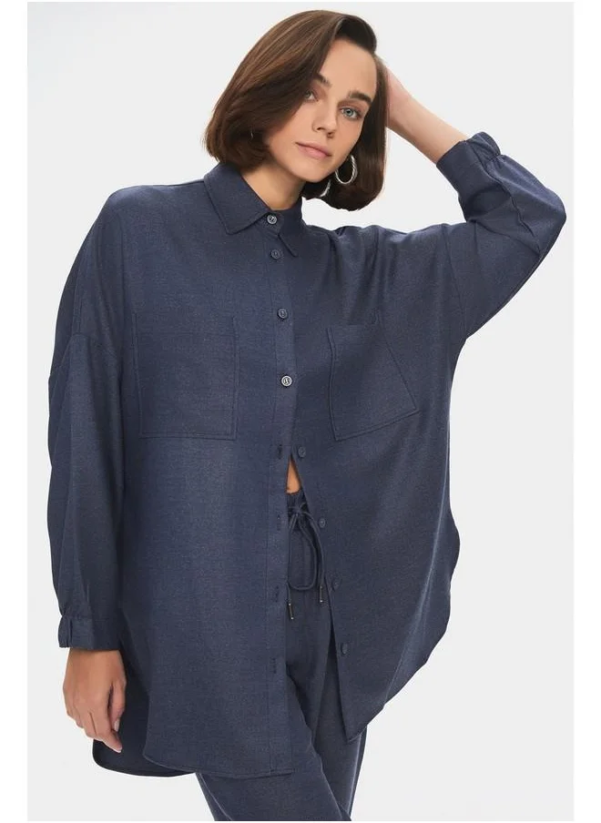 JUNE June Women Viscose Blend Shirt Trouser Set Navy Blue