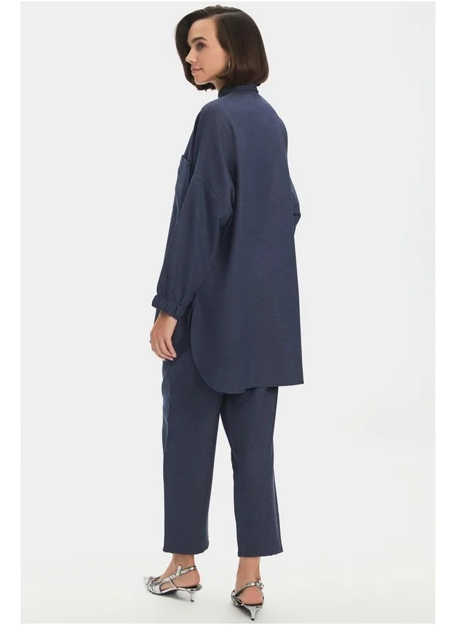 JUNE June Women Viscose Blend Shirt Trouser Set Navy Blue