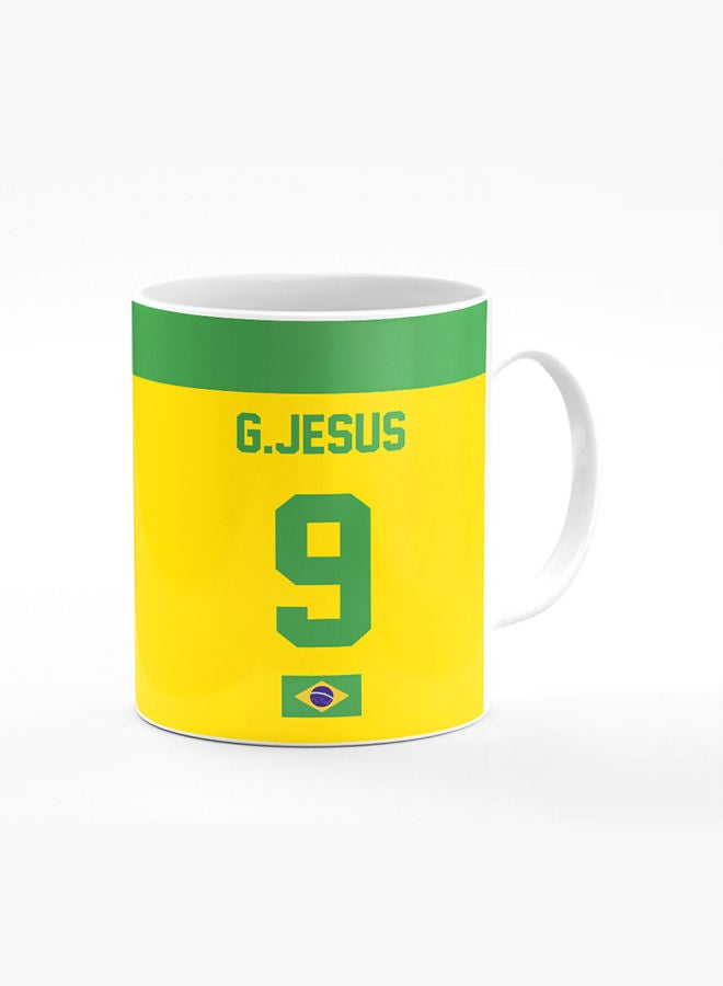 Stylizedd Designer Printed Coffee Mug with Heavy Duty Handle 11oz Ceramic Personalised Gift Mugs Cup [Microwave Safe & Dishwasher Proof] -Football Team - Brazil Player Name - G.Jesus - Image 1
