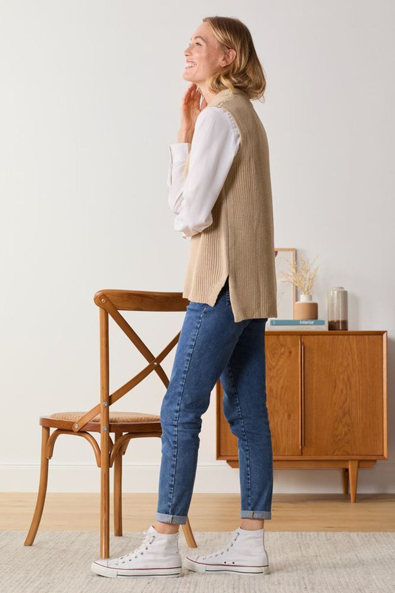 Tchibo Women Mock Neck Sleeveless Knitted Vest, Tan  - Image 2