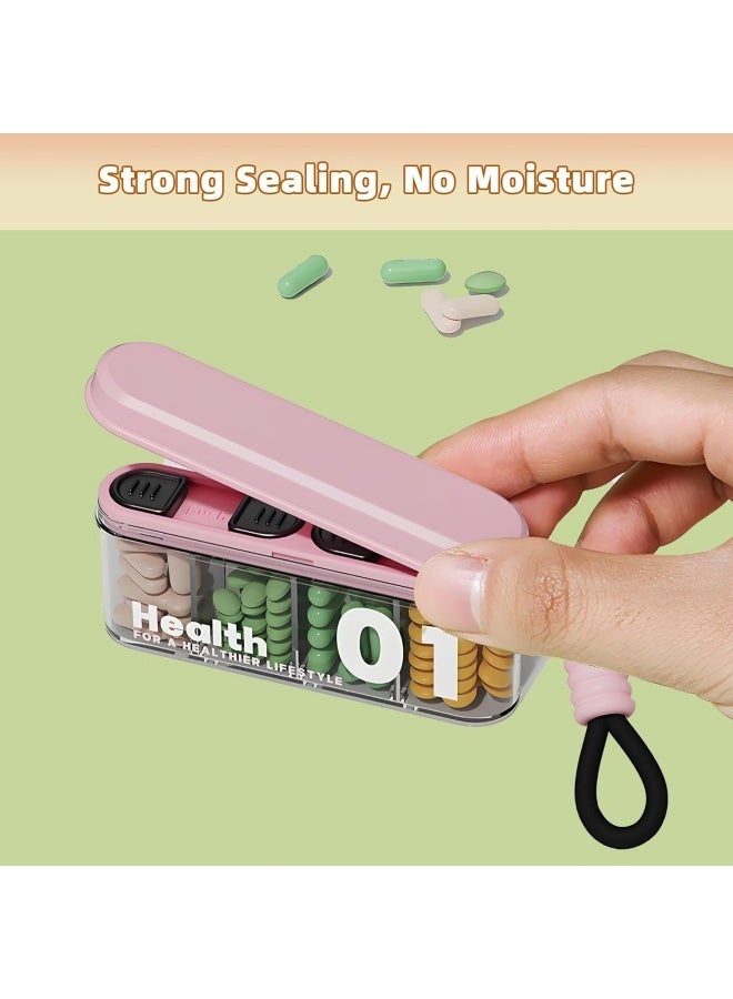 1 pcs Small Pill Box, 4 Compartment Travel Pill Organizer with Strong Seal, Moisture Proof Daily Vitamin Container for Pocket Purse, AM PM Pill Case, Cute Travel Medicine Organizer(pink) - Image 3