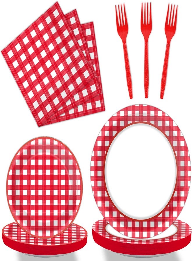 Tevxj 96 PCS Picnic Party Plates Red and White Gingham Checkered Plaid Party Tableware Barbecue Disposable Paper Plates Napkins Forks Birthday Party Decorations Supplies Favors for 24 Guests - Image 1