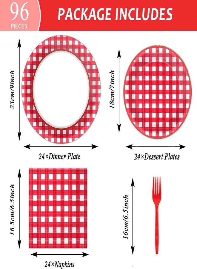 Tevxj 96 PCS Picnic Party Plates Red and White Gingham Checkered Plaid Party Tableware Barbecue Disposable Paper Plates Napkins Forks Birthday Party Decorations Supplies Favors for 24 Guests - Image 2