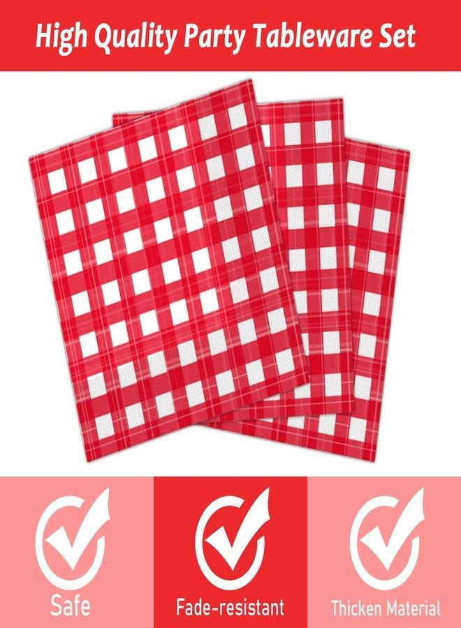 Tevxj 96 PCS Picnic Party Plates Red and White Gingham Checkered Plaid Party Tableware Barbecue Disposable Paper Plates Napkins Forks Birthday Party Decorations Supplies Favors for 24 Guests - Image 3