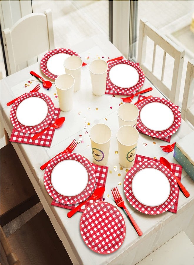 Tevxj 96 PCS Picnic Party Plates Red and White Gingham Checkered Plaid Party Tableware Barbecue Disposable Paper Plates Napkins Forks Birthday Party Decorations Supplies Favors for 24 Guests - Image 5