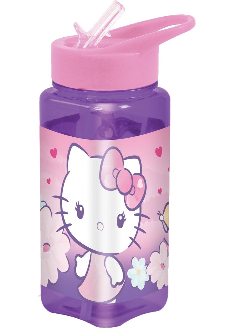 Hello Kitty Sanrio Hello Kitty Square Water Bottle for Kids – 500ml, Flip Straw Lid – Purple & Pink - Image 1