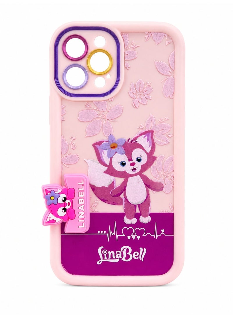 Pink LinaBell Cartoon Rubber Phone Case – Cute Fox Character Printed Back Cover with 3D Side Charm, Floral Embossed Texture, Colorful Camera Ring Design, Soft Protective Mobile Case For Iphone 12 Pro - Image 1