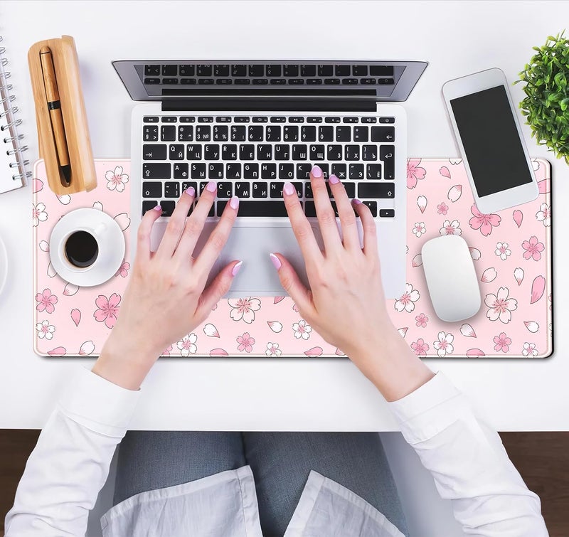 DCJJM Cherry Blossom Mouse Pad Kawaii Pink XL Large Extended Gaming Desk Mat Cute Pastel Anime Desk Pad Aesthetics Laptop Keyboard Mouse Mat Women Office Decor Mousepad with Stitched Edges 31.5''x11.8'' - Image 5