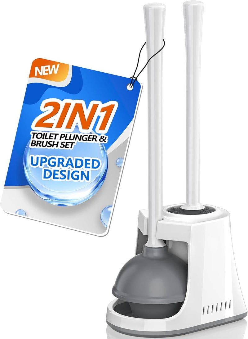 LOVLOY Toilet Plunger and Brush with Holder, Bowl Brush and Heavy Duty Toilet Plunger Set with Ventilated Holder, 2-in-1 Toilet Brush and Plunger Combo for 5.3-inch Toilet Drain New Pack (White, 1) - Image 1