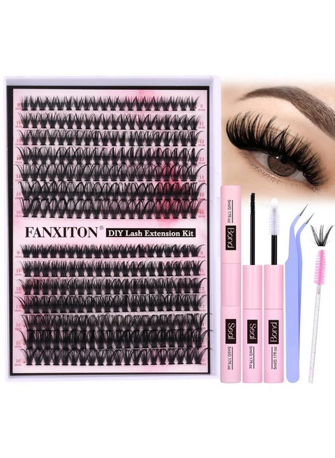 FANXITON DIY Lash Extension Kit Volume Lash Clusters 40D+50D D Curl Individual Lashes Lash Clusters Kit Thick Eyelash Extension Kit 280 pcs Thin Band Cluster Lashes Lash Bond and Seal Lash Tweezers