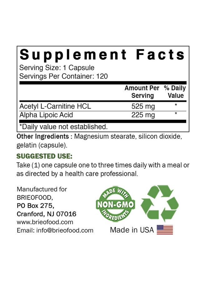 Brieofood Acetyl L-Carnitine Alpha Lipoic Acid (ALA ALC) 750 mg 120 Capsules - Image 2
