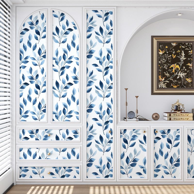 VOLEAAR Boho Floral Peel and Stick Wallpaper â€“ Blue Leaf Design Modern Self-Adhesive Vinyl Contact Paper for Drawer Cabinet Door Bedroom Bathroom Walls Wall Decor in Blue and White 17.5" x 118" - Image 3