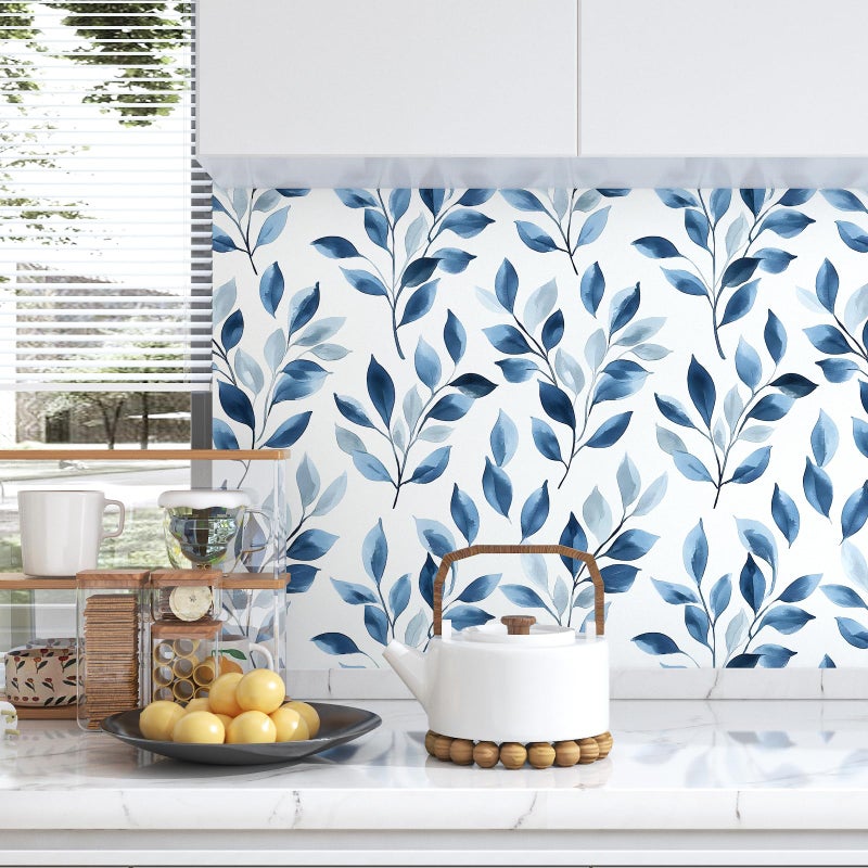 VOLEAAR Boho Floral Peel and Stick Wallpaper â€“ Blue Leaf Design Modern Self-Adhesive Vinyl Contact Paper for Drawer Cabinet Door Bedroom Bathroom Walls Wall Decor in Blue and White 17.5" x 118" - Image 2