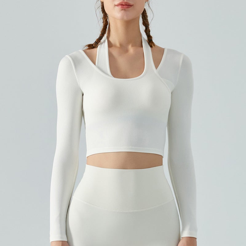 Generic Autumn Yoga Halter Top Removable Pads Long Sleeve White