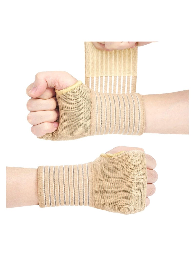 كابتن تيك 2Pcs Wrist Brace Elastic Wrist Support with Strap Ideal for Sprains Injury or Sports Use with no Metal bar Support Without inhibiting Flexibility Left or Right Beige - Image 1