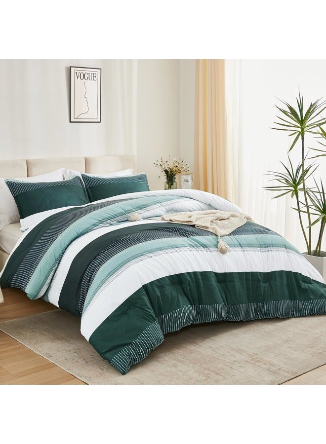 Litanika Dark Emerald Green California King Comforter Set - 3 Pieces Cal King Oversized Lightweight Summer Colorblock Stripe Bedding Set (104x96In, 2 Pillowcases) - Image 3