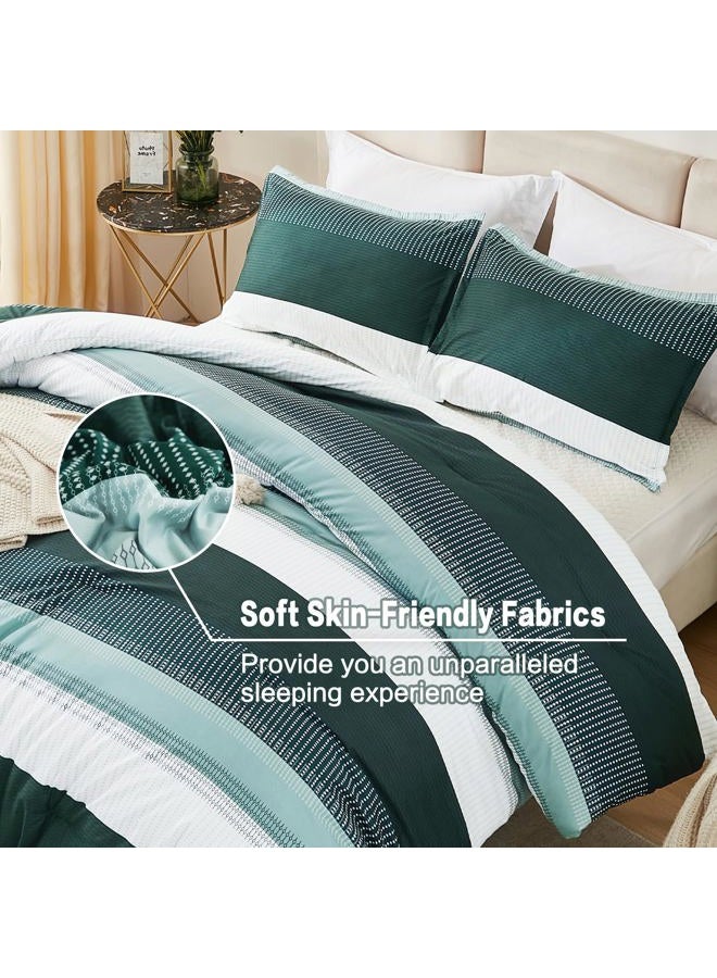 Litanika Dark Emerald Green California King Comforter Set - 3 Pieces Cal King Oversized Lightweight Summer Colorblock Stripe Bedding Set (104x96In, 2 Pillowcases) - Image 4