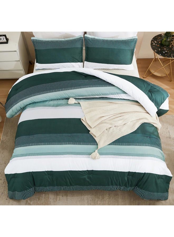Litanika Dark Emerald Green California King Comforter Set - 3 Pieces Cal King Oversized Lightweight Summer Colorblock Stripe Bedding Set (104x96In, 2 Pillowcases) - Image 2