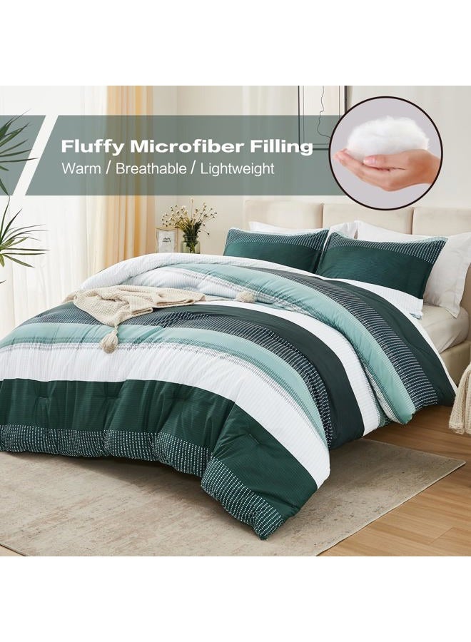 Litanika Dark Emerald Green California King Comforter Set - 3 Pieces Cal King Oversized Lightweight Summer Colorblock Stripe Bedding Set (104x96In, 2 Pillowcases) - Image 5