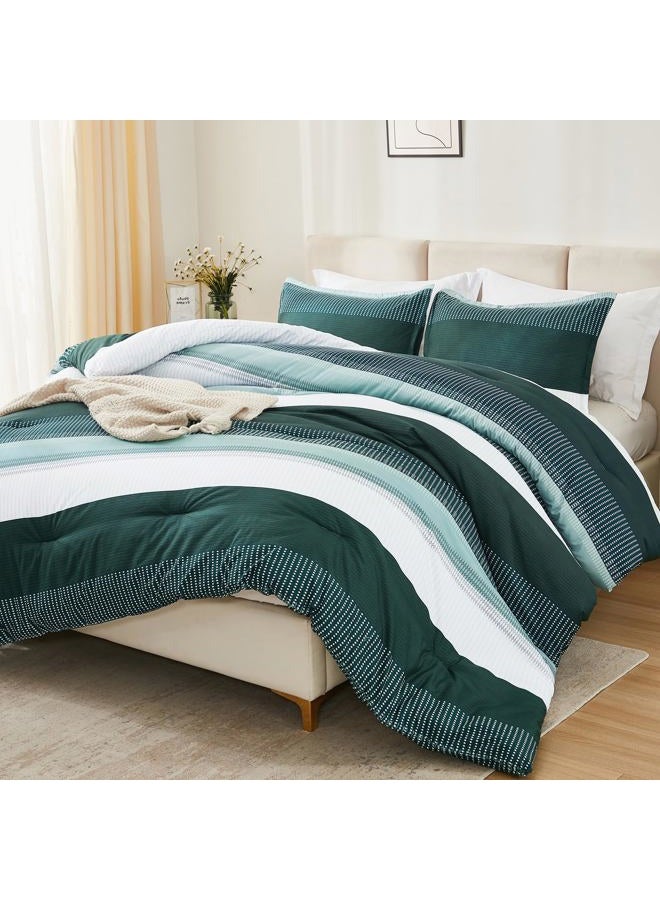 Litanika Dark Emerald Green California King Comforter Set - 3 Pieces Cal King Oversized Lightweight Summer Colorblock Stripe Bedding Set (104x96In, 2 Pillowcases) - Image 1