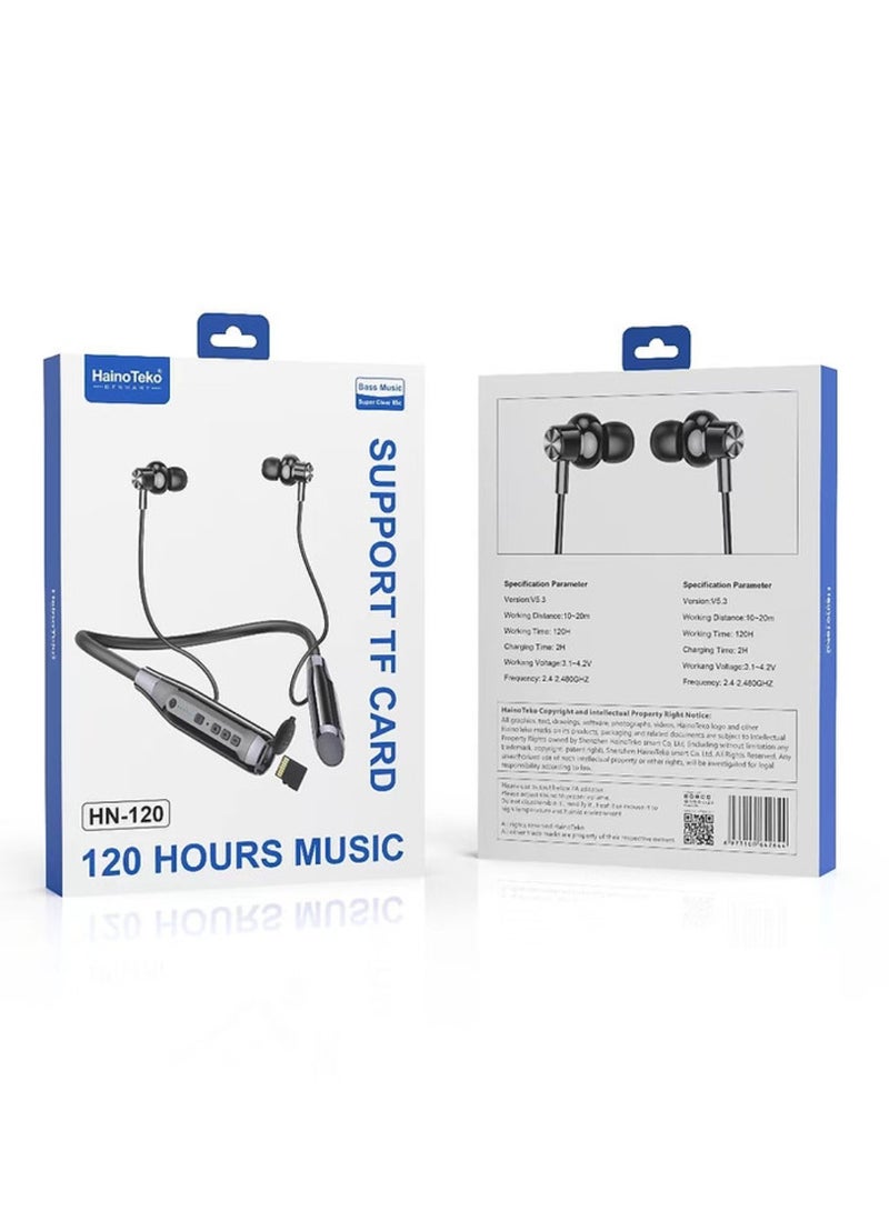 Haino Teko HN-120 Neckband Bluetooth Headphones, Bluetooth 5.3 Wireless Headphones 120 Hrs Extra Long Playtime Stereo Bass Music in-Ear Headsets With Mic Super Clear Bluetooth Earbuds Neckband Earphones Wireless Headphone For Sports, Business And Personal Use Working Distance 10-20M Silicone Ear-Tips TF Card Supported - Image 3
