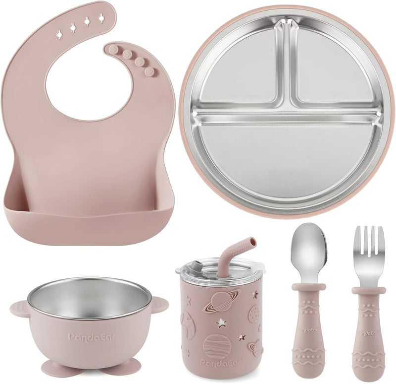 PandaEar 6-in-1 Stainless Steel Baby Feeding Set with Suction Plates, Bowl, Sippy Cup, Bib, Spoon & Fork - Image 1