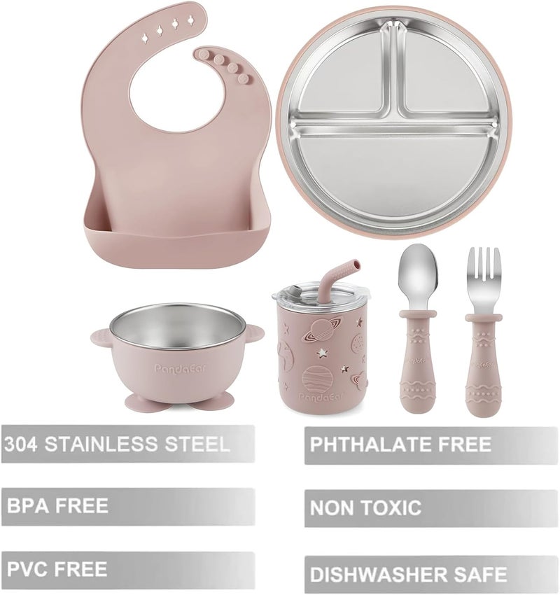PandaEar 6-in-1 Stainless Steel Baby Feeding Set with Suction Plates, Bowl, Sippy Cup, Bib, Spoon & Fork - Image 3
