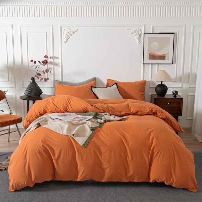 Janlive Washed Cotton Duvet Cover Set Linen Feel Textured Ultra Soft 100 Cotton Solid Color Orange Duvet Cover Set with Zipper Closure 3 Pieces Orange King