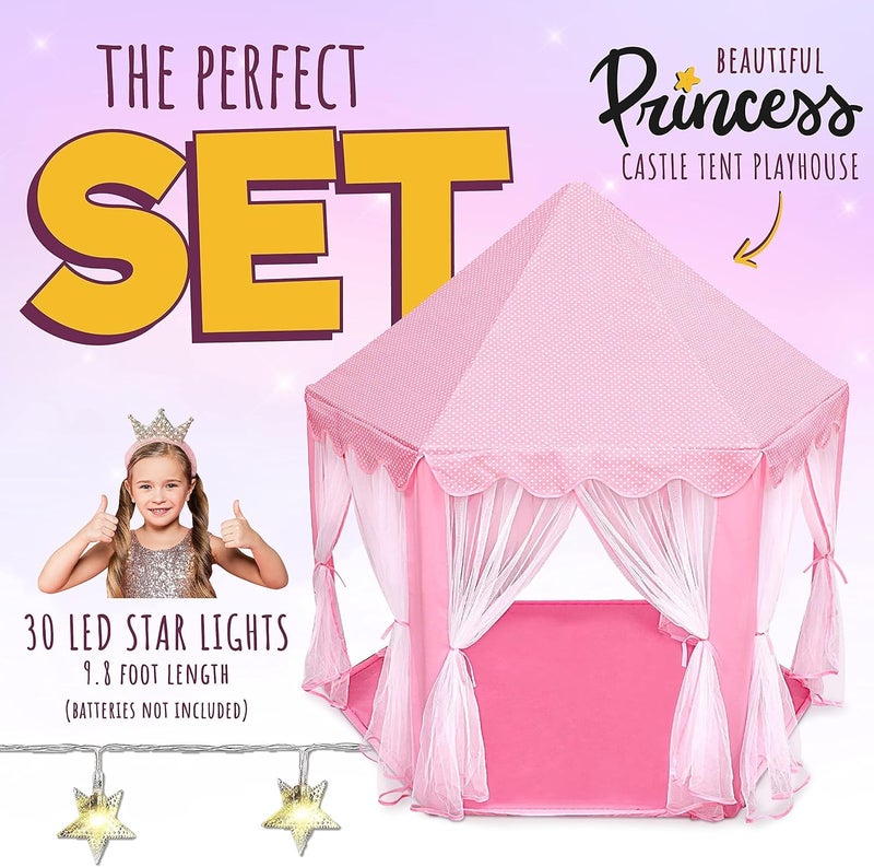 Orian Princess Castle Playhouse Tent for Girls with LED Star Lights – Indoor & Outdoor Large Kids Play Tent for Imaginative Games – ASTM Certified, 230 Polyester Taffeta. Pink 55"x53". - Image 2