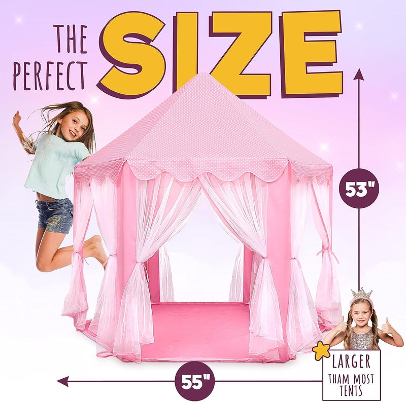 Orian Princess Castle Playhouse Tent for Girls with LED Star Lights – Indoor & Outdoor Large Kids Play Tent for Imaginative Games – ASTM Certified, 230 Polyester Taffeta. Pink 55"x53". - Image 5