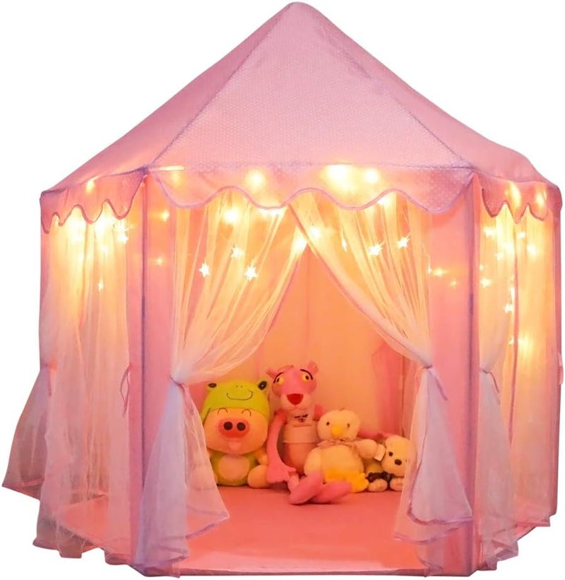 Orian Princess Castle Playhouse Tent for Girls with LED Star Lights – Indoor & Outdoor Large Kids Play Tent for Imaginative Games – ASTM Certified, 230 Polyester Taffeta. Pink 55"x53". - Image 1