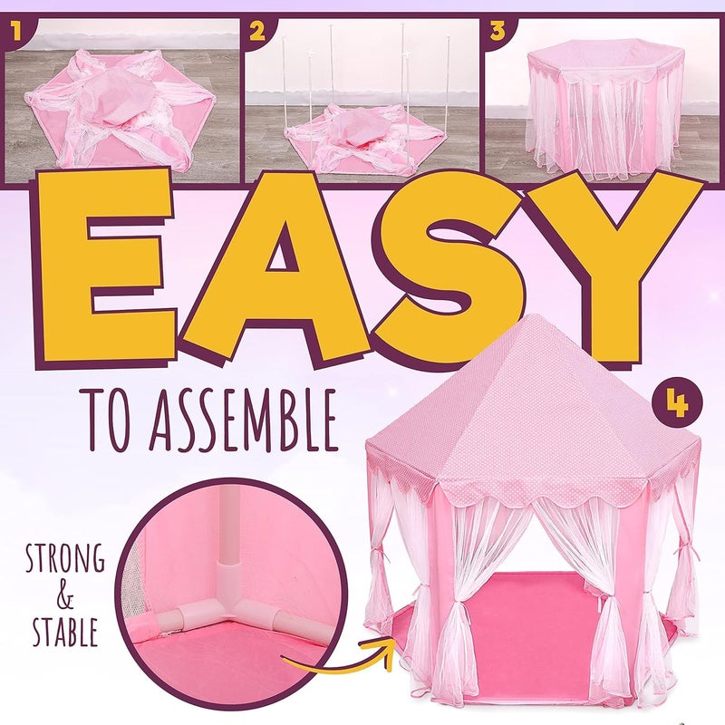 Orian Princess Castle Playhouse Tent for Girls with LED Star Lights – Indoor & Outdoor Large Kids Play Tent for Imaginative Games – ASTM Certified, 230 Polyester Taffeta. Pink 55"x53". - Image 4