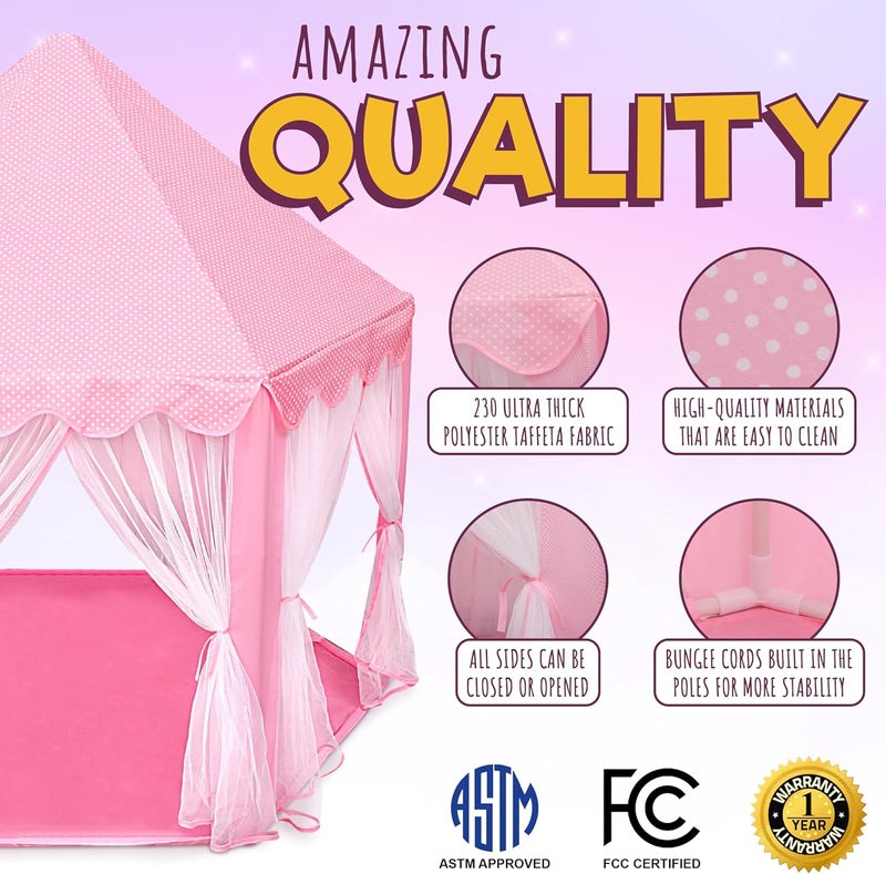 Orian Princess Castle Playhouse Tent for Girls with LED Star Lights – Indoor & Outdoor Large Kids Play Tent for Imaginative Games – ASTM Certified, 230 Polyester Taffeta. Pink 55"x53". - Image 3