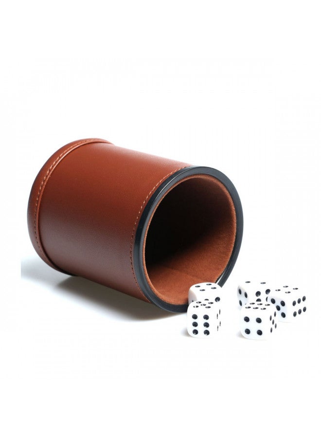 RERIVER Leather Dice Cup Set Felt Lining Quiet Shaker with 5 Dot Dices for Farkle Yahtzee Games,Brown  - Image 1