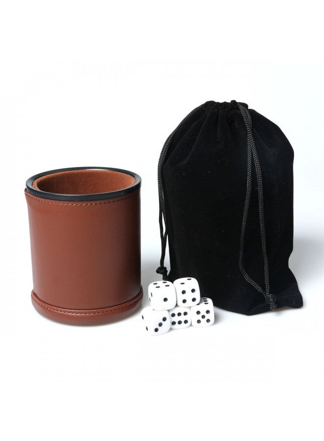 RERIVER Leather Dice Cup Set Felt Lining Quiet Shaker with 5 Dot Dices for Farkle Yahtzee Games,Brown  - Image 4